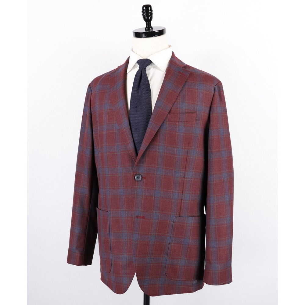 Nordstrom Sport Coat 42R Burgundy Blue Plaid Wool Unstructured Slim Fit